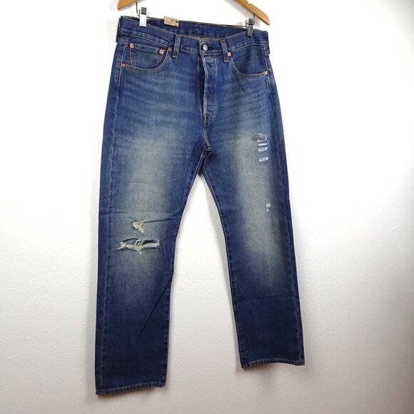 Levi's 501 Jeans Men's Size 34x32 Blue Denim Cotton Distressed Button Fly - Picture 3 of 11